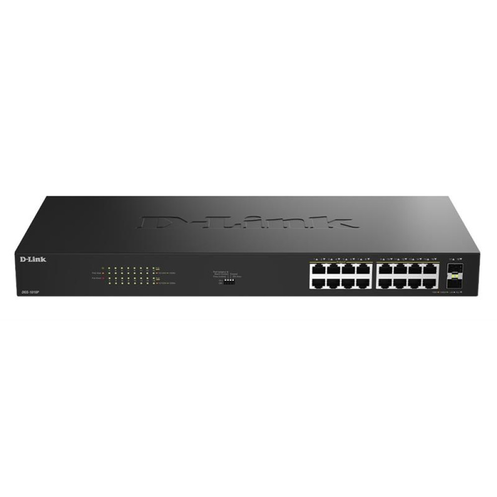 Комутатор D-Link DGS-1018P 16x1GE PoE+, 240Вт, 30Вт/порт, Некерований