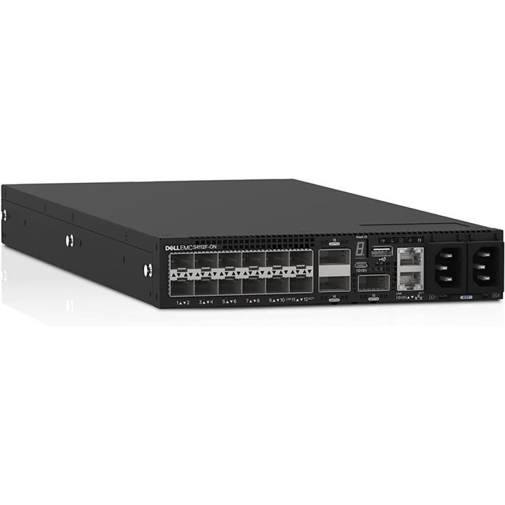 Комутатор Dell Switch S4112F, 12 x 10GbE SFP+, 3 x 100GbE QSFP28, IO to FAN, 2 x AC PSU, 8x SFP+ 10GbE SR, 4x SFP 1000BASE-T, cable QSFP28 0.5m, 8x cable OM4 LC