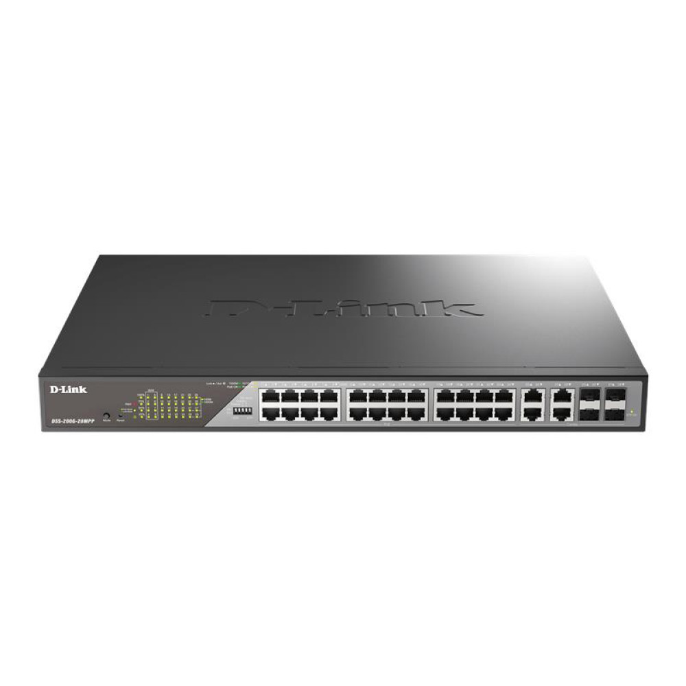 Комутатор D-Link DSS-200G-28MPP 24xGE PoE, 4xSFP/GE, 518Вт, Некерований