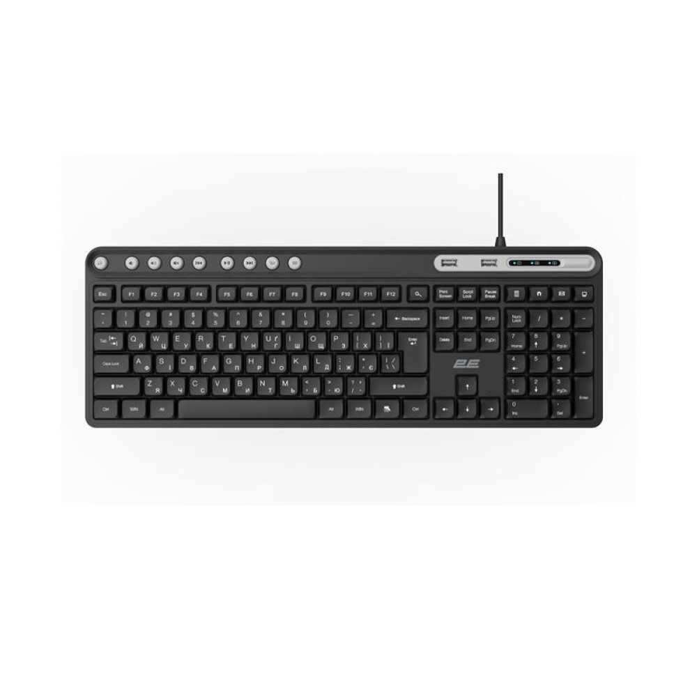 Клавіатура мембранна 2E KS1100 104key, 2xUSB HUB, USB-A, EN/UK, чорний