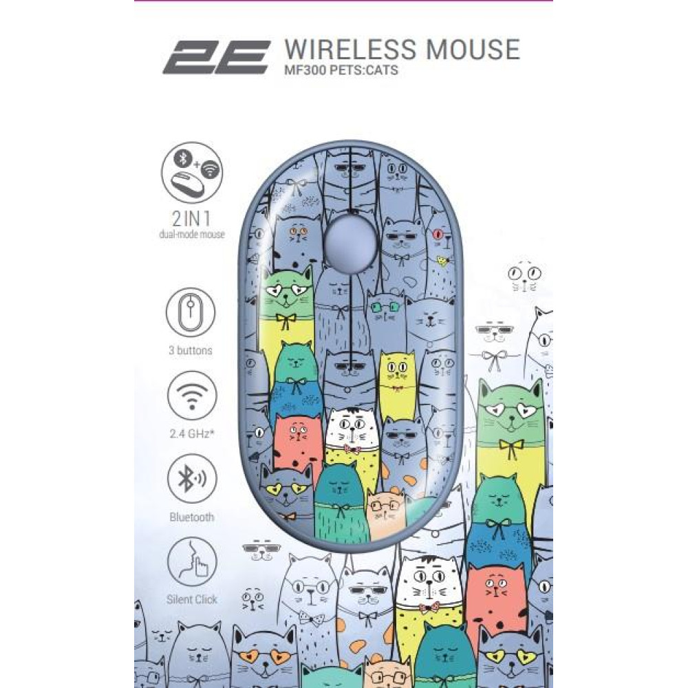 Миша 2E MF300 PETS:CATS Silent WL BT, синій