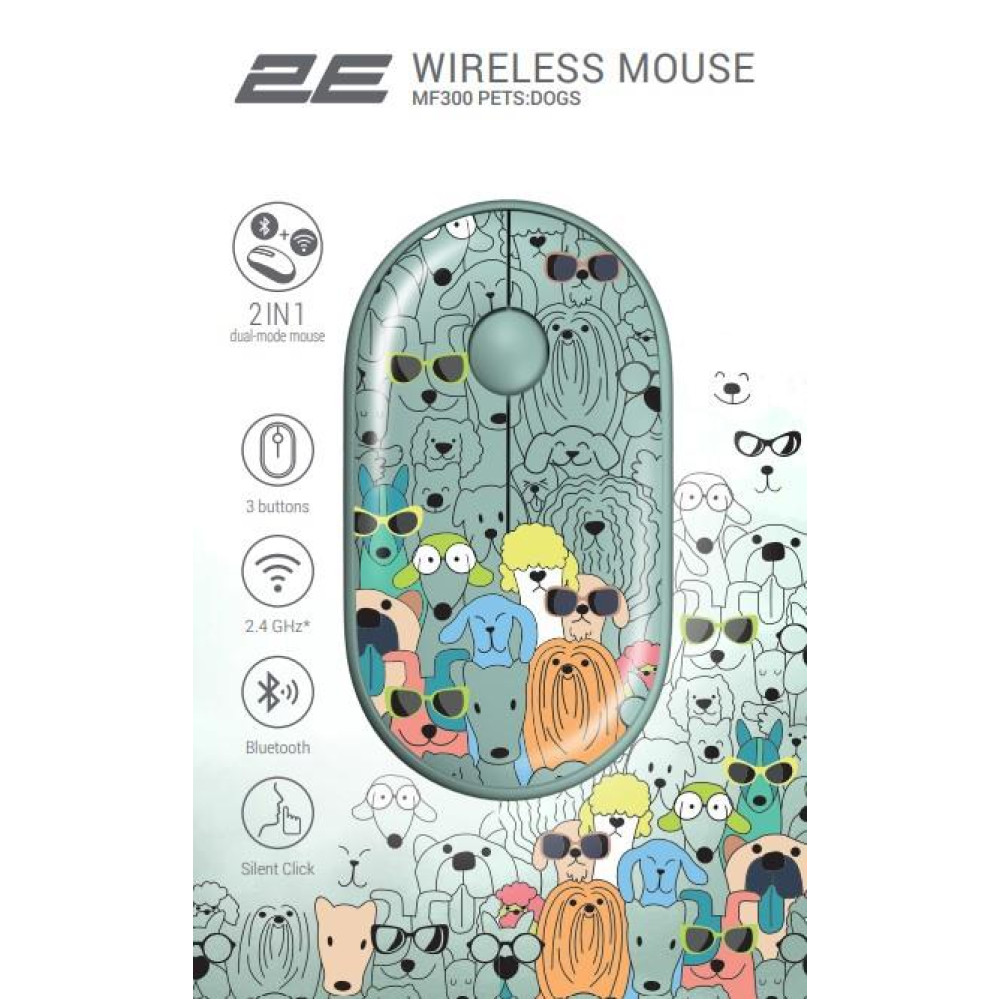 Миша 2E MF300 PETS:DOGS Silent WL BT, зелений