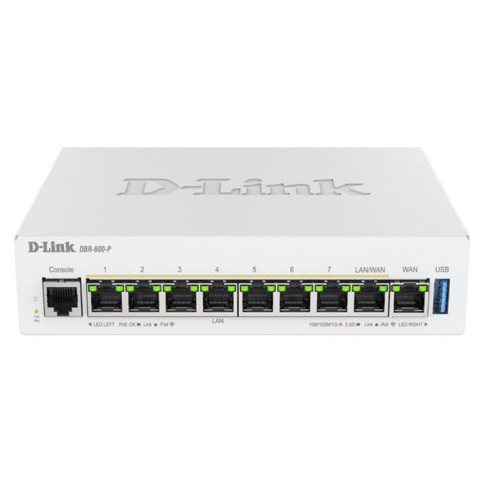 Мультисервiсний Маршрутизатор D-Link DBR-600-P, 7x2.5GE LAN PoE, 1x2.5GE LAN/WAN PoE, 1x2.5GE WAN, 1xUSB 3.0, 120Вт