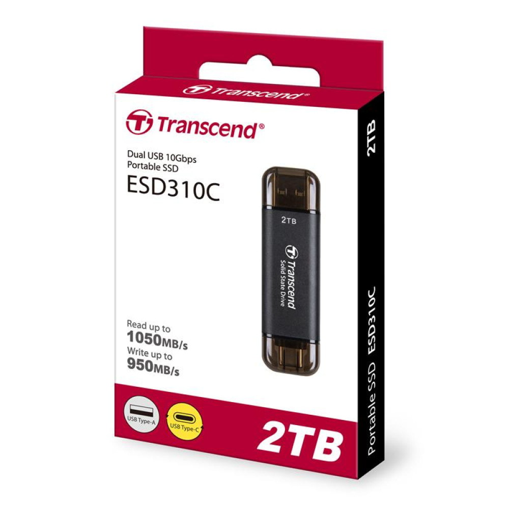Портативний SSD Transcend 2TB USB 3.1 Gen 2 Type-A + Type-C ESD310 Чорний
